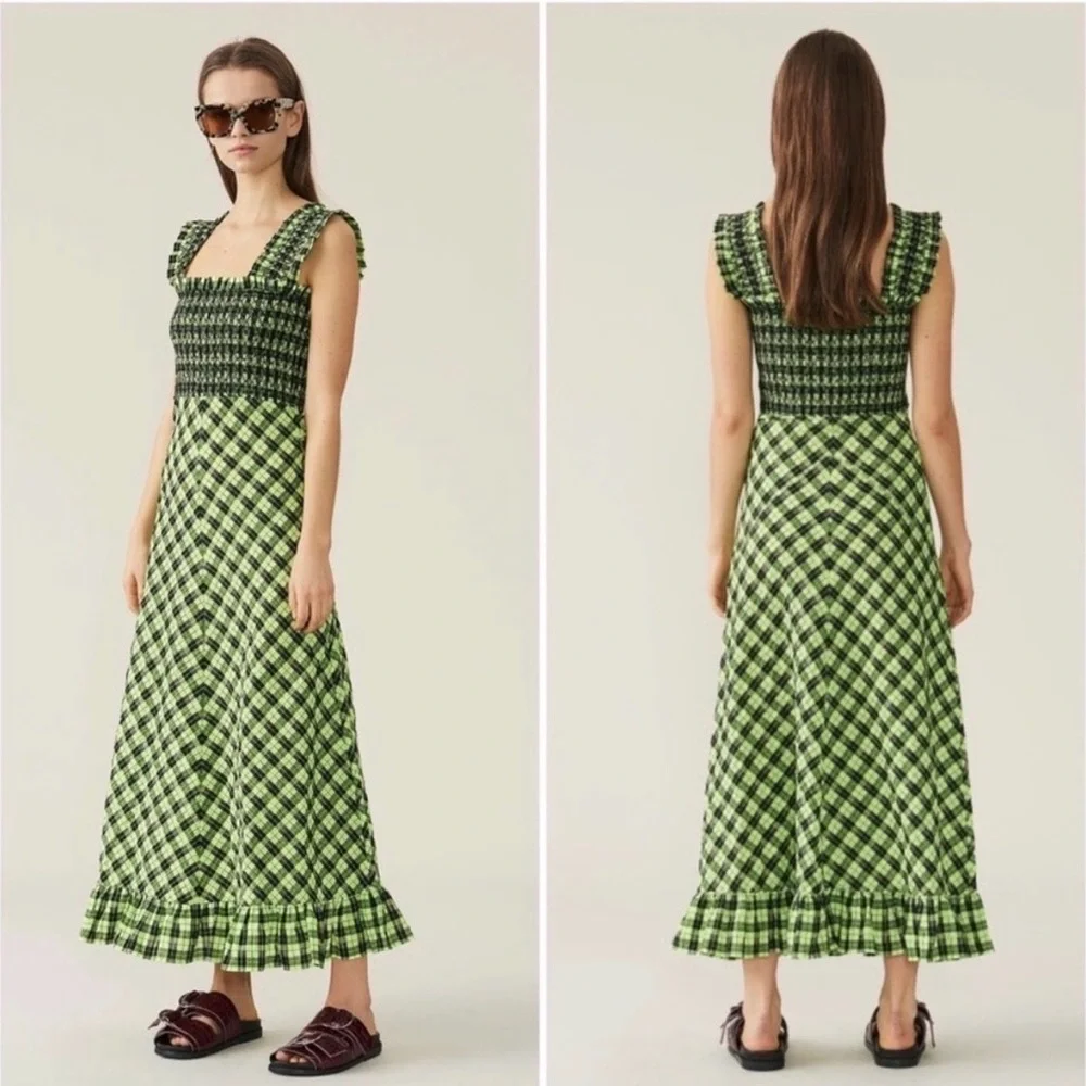 GANNI Seersucker Check Maxi Dress in green - Picture 3 of 13